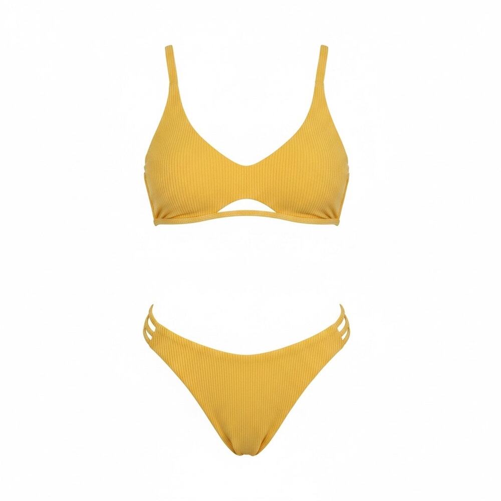 Tinibikini | Yellow 2 Piece Bikini Swimsuit Large Ribbed Cutout Strappy